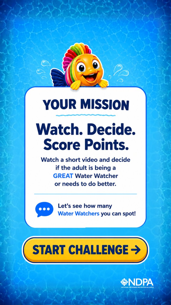 Water Watcher Challenge: Your Mission — Watch a short video and decide if the adult is being a great Water Watcher or needs to do better.